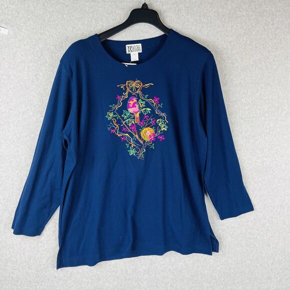Kavio Designs Womans 2X Plus Blouse Embroidered Birds Blue Top Long Sleeve VTG - Picture 3 of 9